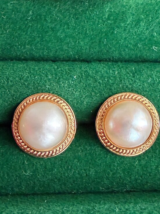 Jewelry - 14K Yellow Gold Pearl Button Earrings 3.97g Rope Twist Vintage Style Studs